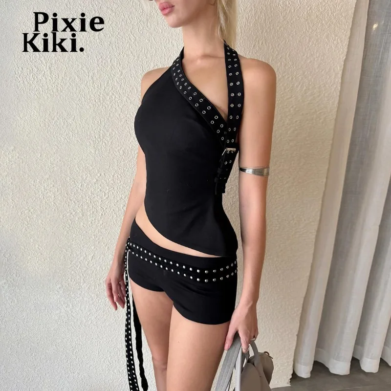 PixieKiki مثير 2 قطعة ملابس النساء رصع الرسن بلوزات وسراويل قصيرة مجموعات ملابس للنادي الأسود الهذيان الملابس P94-EZ36 #2