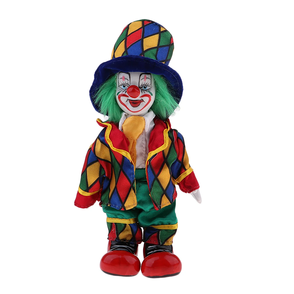 7 Inch Porcelain Smiling Clown Doll Wearing Colorful Outfits Funny Harlequin Doll Props Halloween Decor