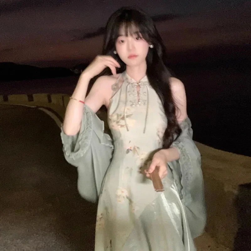 2025 الصيف الخصر المجهزة خمر الوقوف طوق بلا أكمام المرأة تنورة Greenhalter الرقبة تحسين فستان صيني 2025 جديد hanfu #1