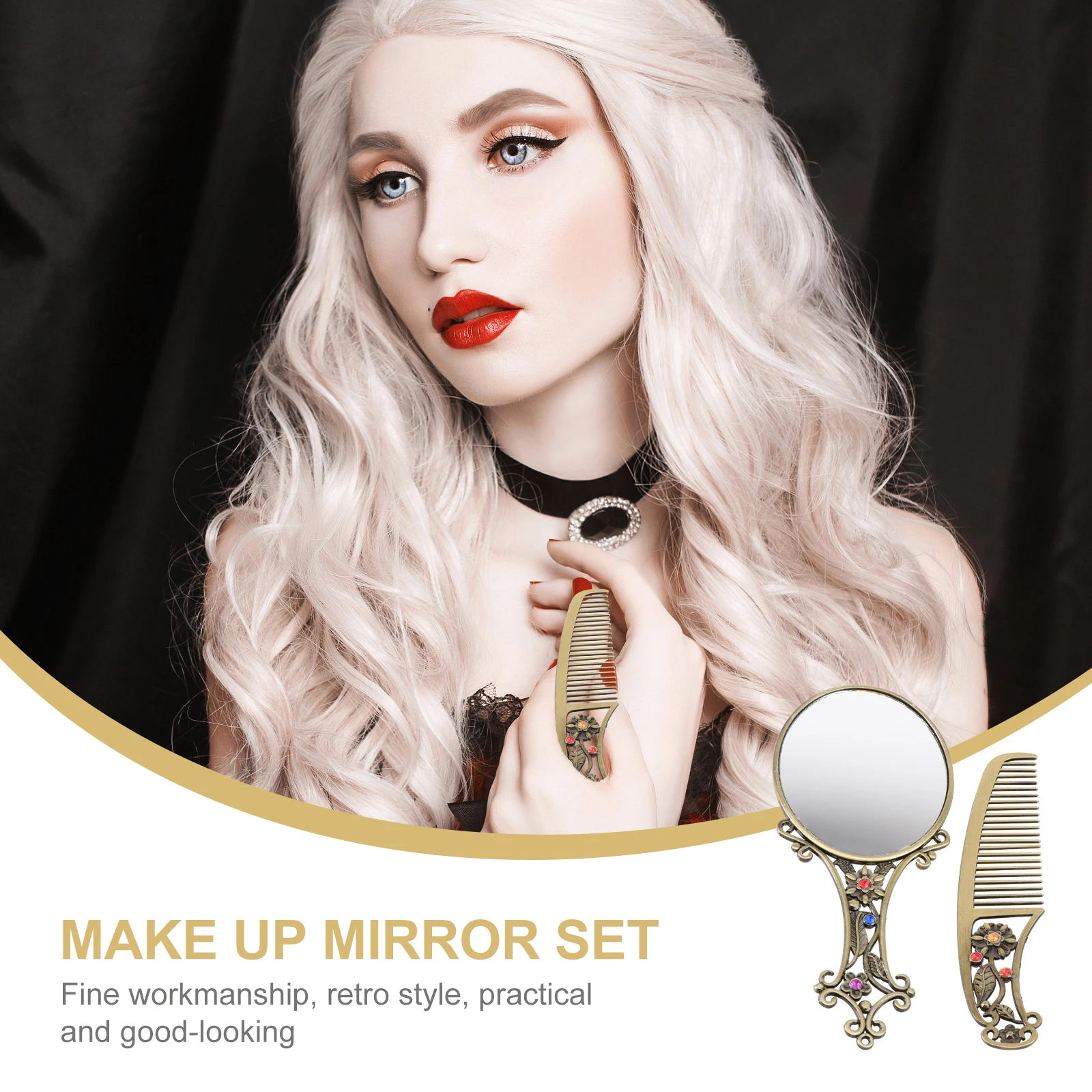 Metal Woman Mirror Compact Hair Comb Set Vintage Travel Clear HD Mirror Surface Portable Double Side Small Pocket Purse Handbag