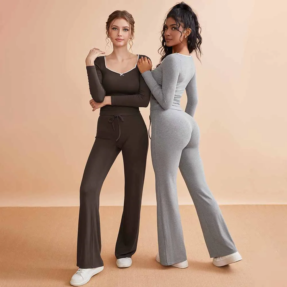 Ensemble de salon en dentelle pour femmes, col carré, manches longues, hauts, pantalons à jambes larges, ensembles de maison, automne, ensemble 2 pièces, tenues, survêtements féminins