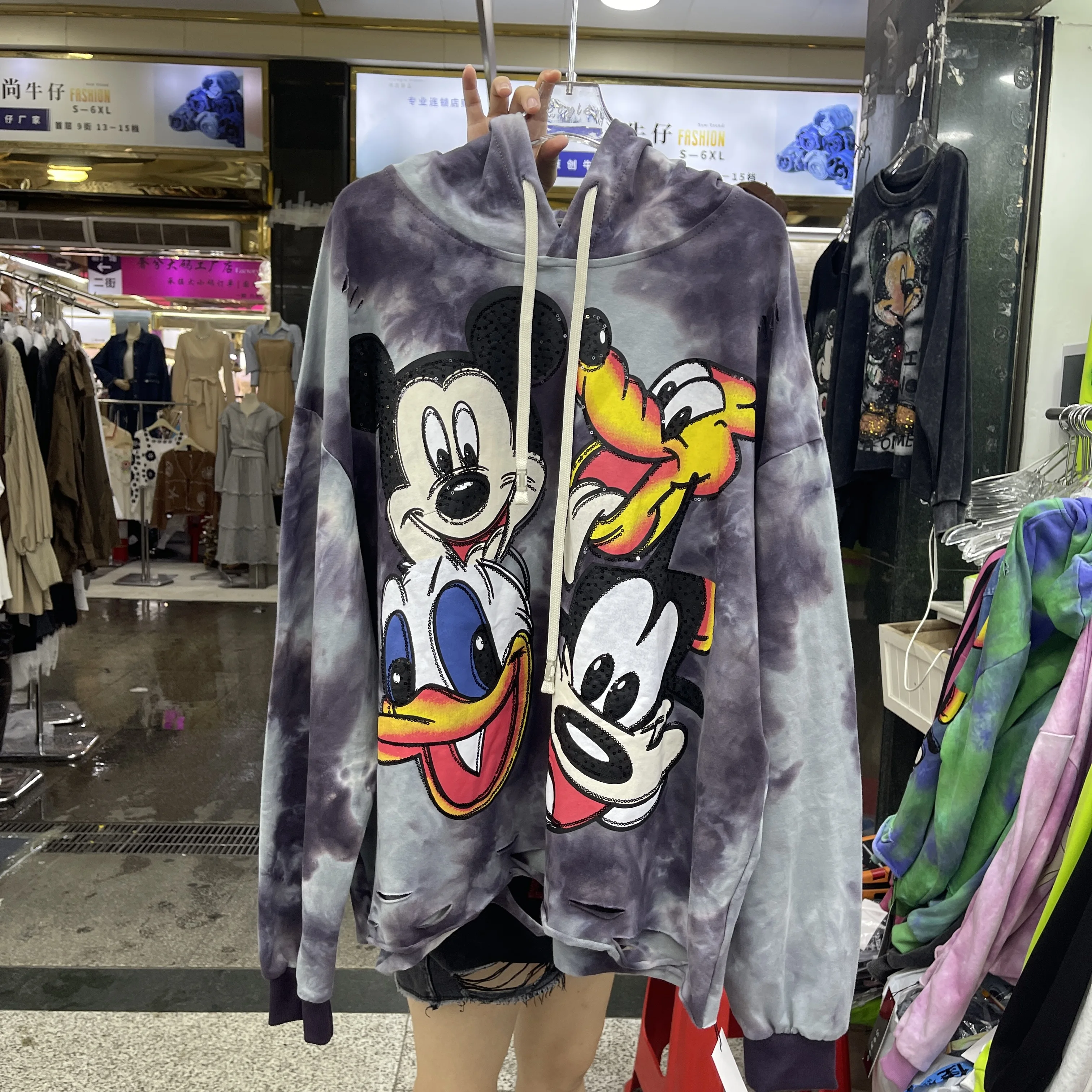 

Tie-dye Cartoon Printing Long Sleeve Sweatshirt Trendy New Autumn Hole Hooded Pullover Top All-match Casual Women Hoodies 2025