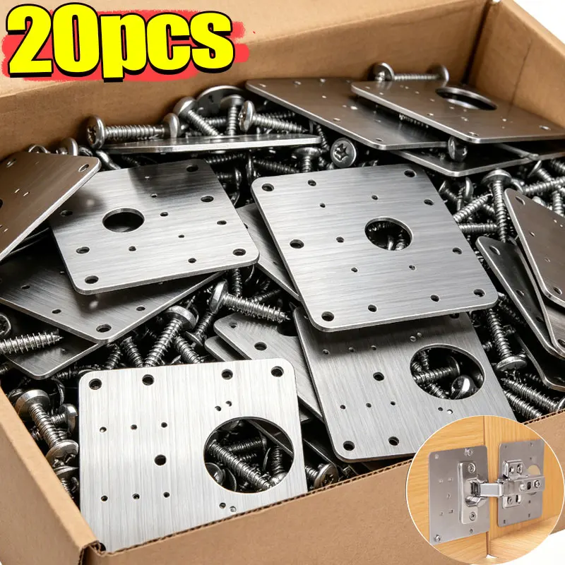 20/2Pcs Cabinet Hinge Repair Plate Kits Stainless Steel Door Hinge Mounting Plate with Holes for Home Kitchen Cupboard Furniture