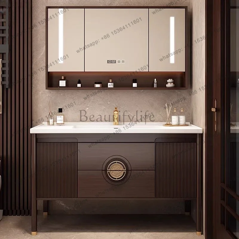 

New Chinese bathroom cabinet combination solid wood bathroom washstand floor-to-ceiling American rock slab ceramics