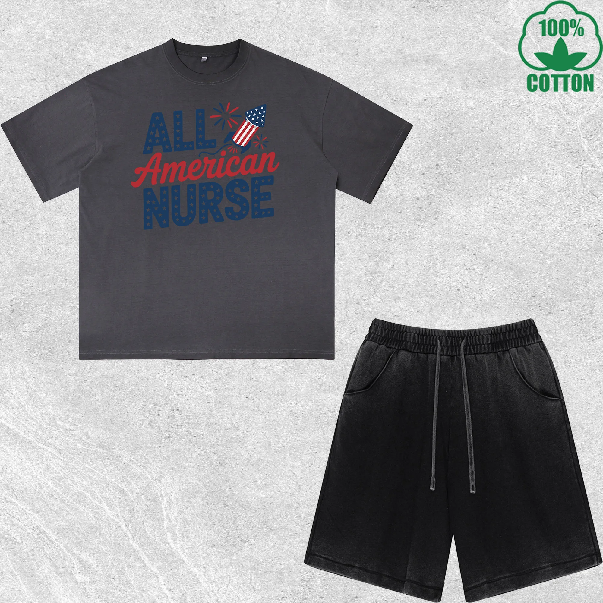 

All American Nurse Printed Dirty Wash T-Shirt Shorts Set Multicolor Combo Loose Trendy 100%Cotton