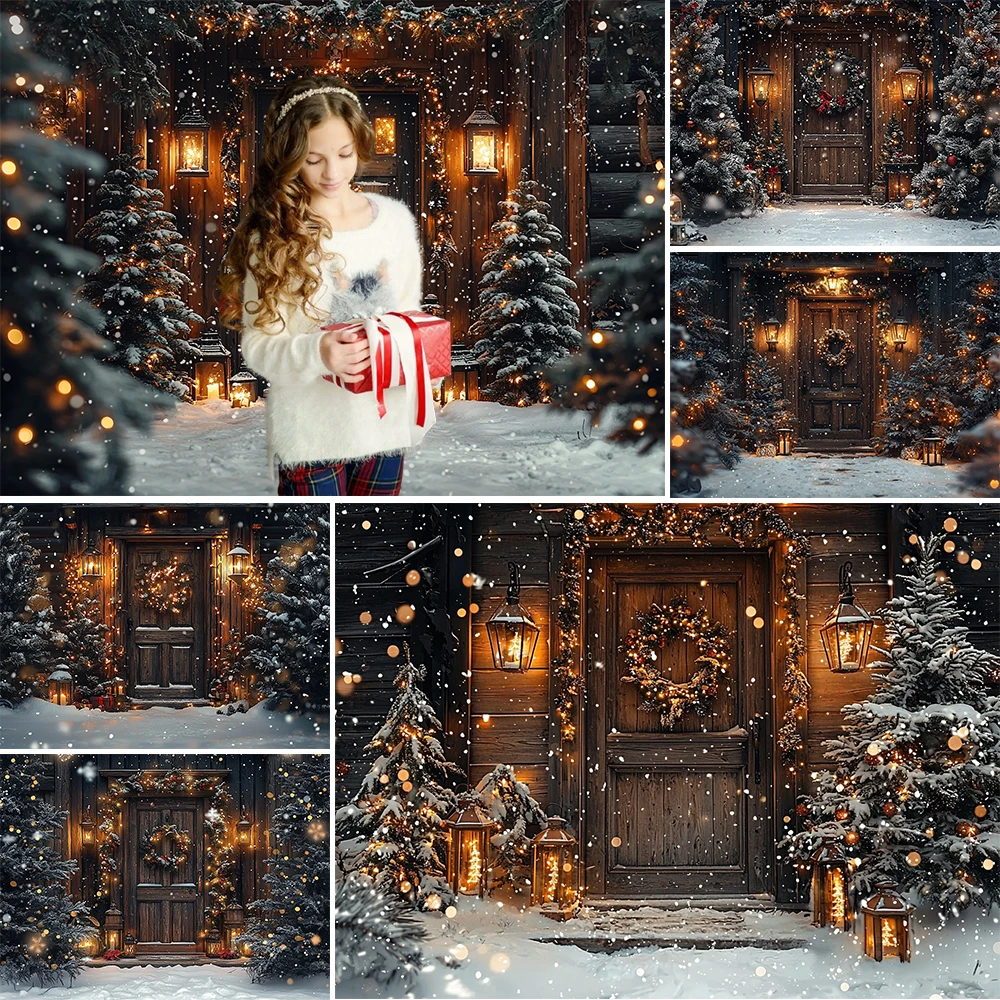 Christmas Photography Background Xmas Tree Garland Wooden Door Decoration Boy Girl Portrait Photo Backdrops Studio Props