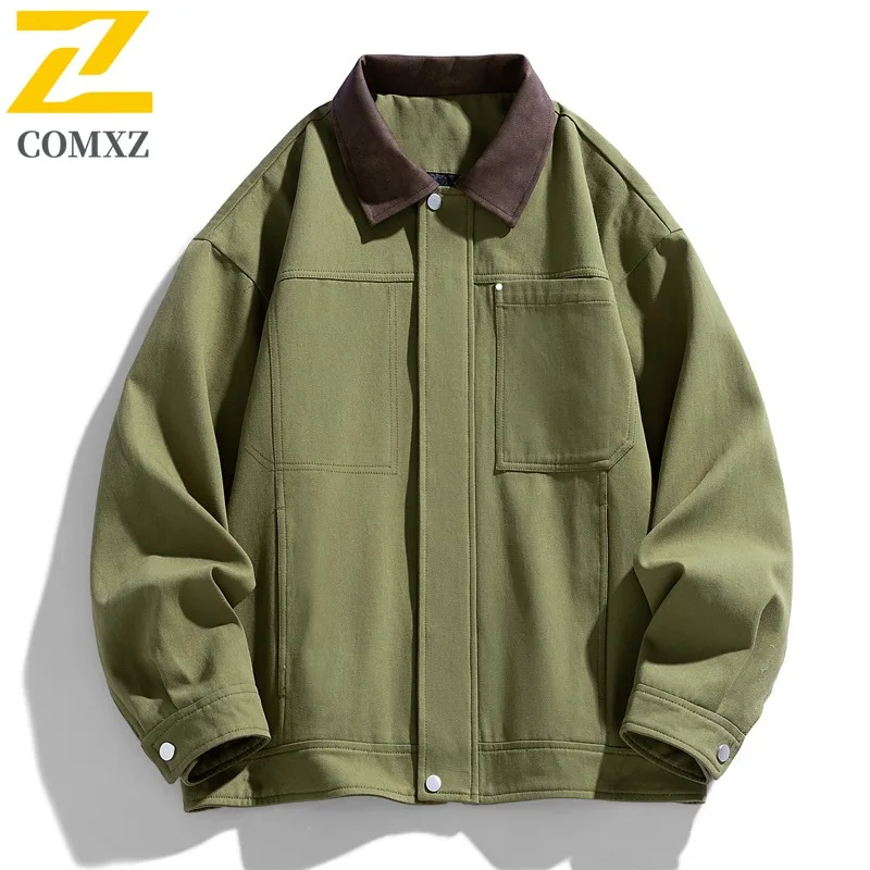 

COMXZ 2025 Men Jacket Spring Turndown Collar Casual Lightweight Trendy Travel Camping Coat Solid Color Climbing Edgy Outerwear