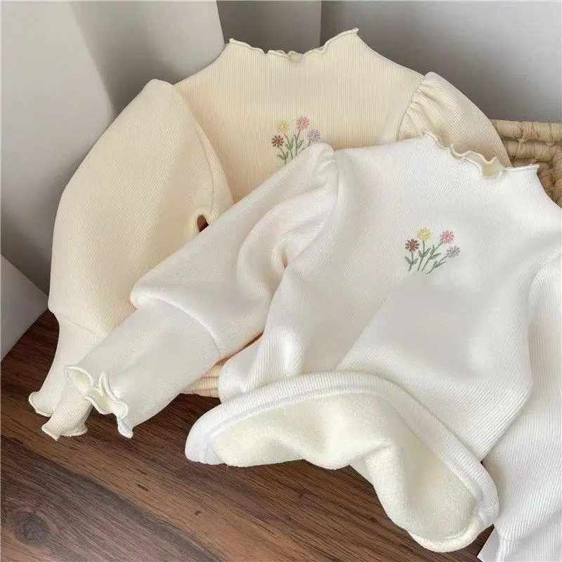 

Autumn Winter Children Kids Girls T-Shirt Tops Puff Sleeve Flower Embroidery Long Sleeve Thermal Bottoming Shirts Tees for Kids