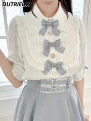 Summer Women's Tops Machine Embroidery Elegant Blouse Japanese Style Bow Fashion Puff Short Sleeve Chiffon Short Sleeve Shirt