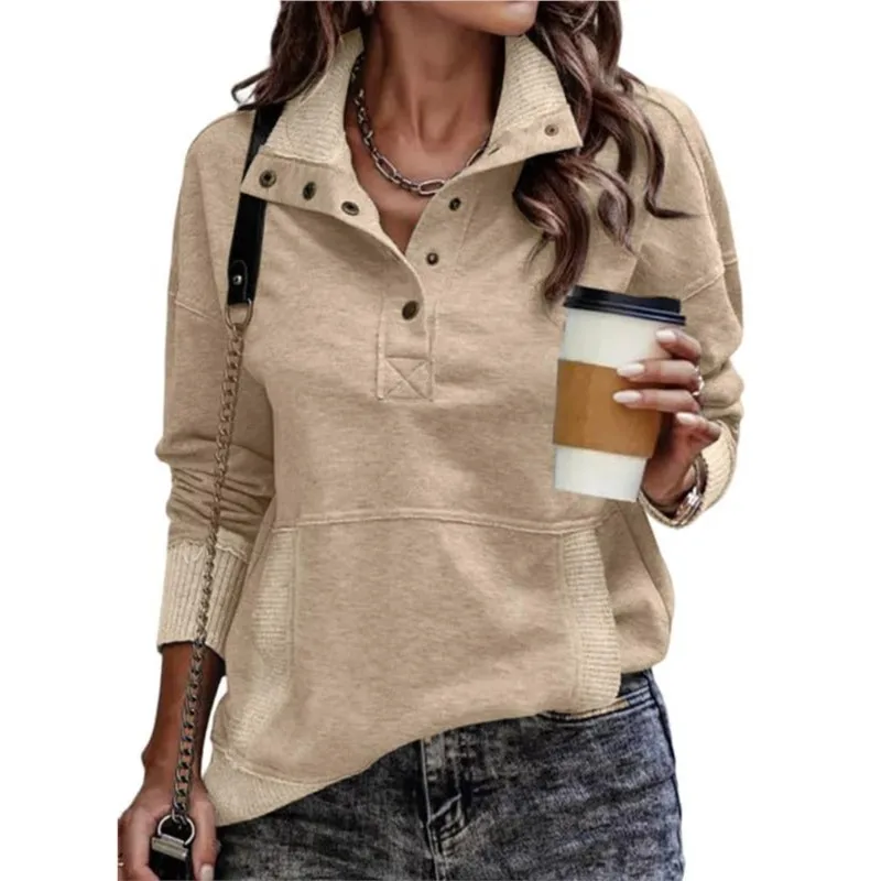 

Autumn Winter Solid Color Pocket Long Sleeved Button Fashion Street Women's Hoodie Casual Sudaderas De Mujer Кофта Женская