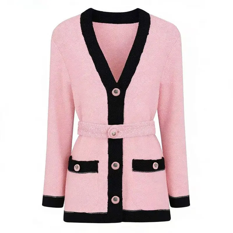 

Elegant High-Quality Spring Autumn Glitter Knitted Long Sleeve V-Neck Open Cardigan Women's Top European Style Regular Fit