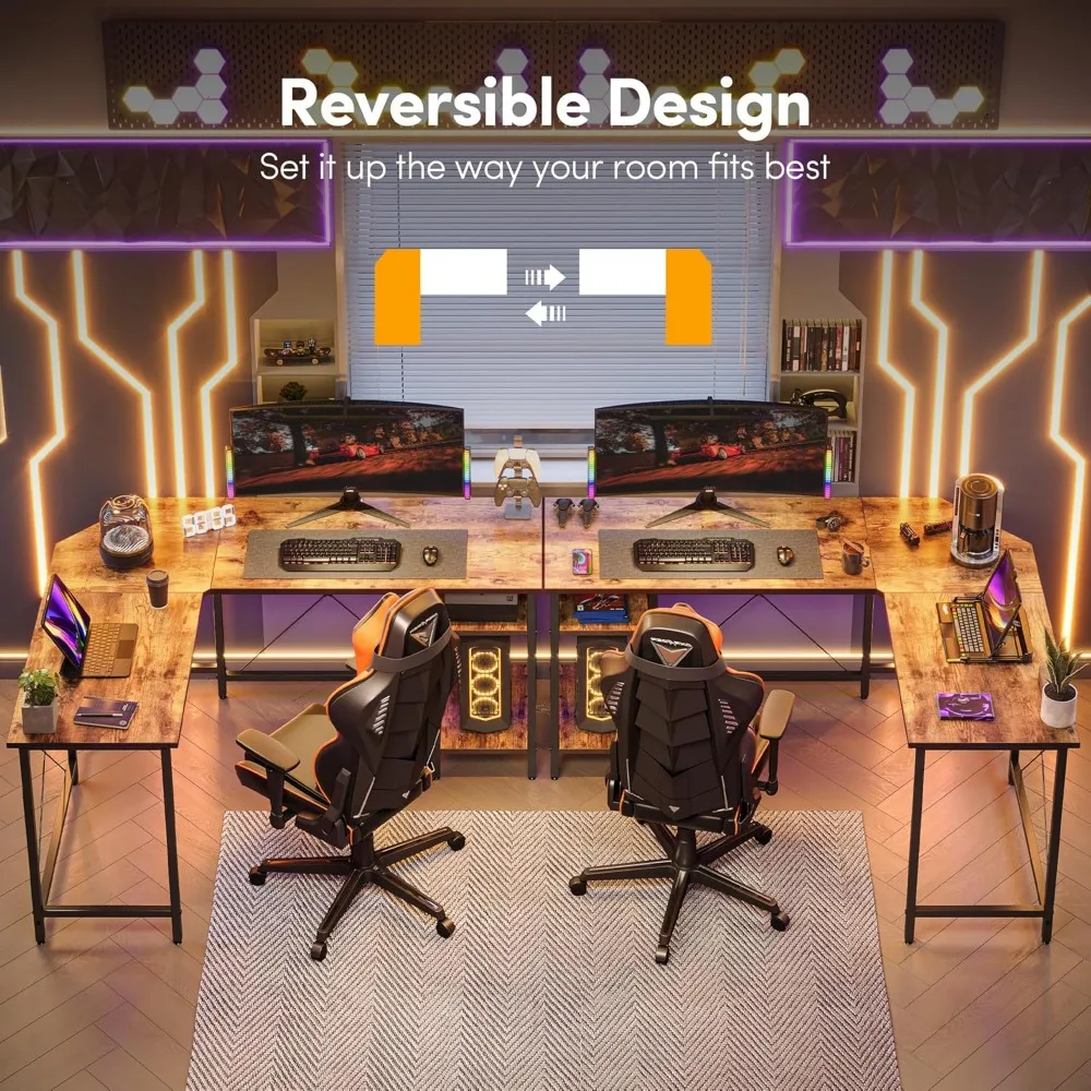 مكتب زاوية على شكل حرف L قابل للعكس مقاس 59.1 بوصة مع أرفف تخزين، مكتب دراسة ألعاب للكتابة في المكتب المنزلي باللون البني الدافئ