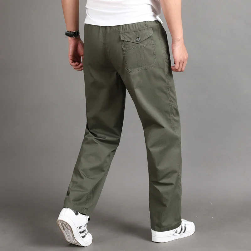 Men's Oversized Casual Pants Drawstring Cotton Mid Aged Working Trousers Plus Size Baggy Pants Solid Black Straight Trousers