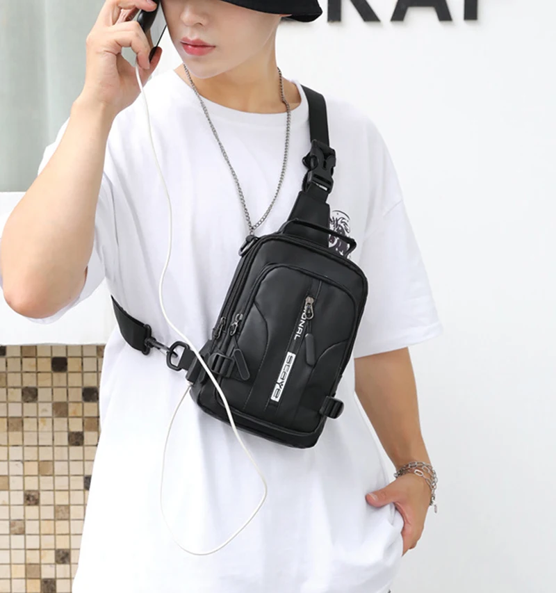 Men Nylon Small Backpack Rucksack Cross Body Shoulder Bag with USB Charging Port Travel Male Sling Side Messenger Chest Bag Pack