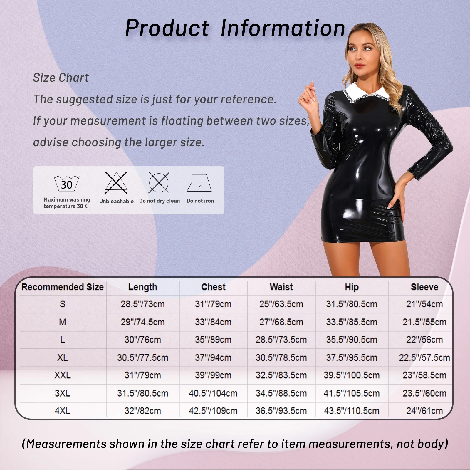 Womens Satin Collar Back Zipper Latex Bodycon Dress Glossy Patent Leather Maid Nun Cosplay Mini Dress Gothic Punk Party Clubwear