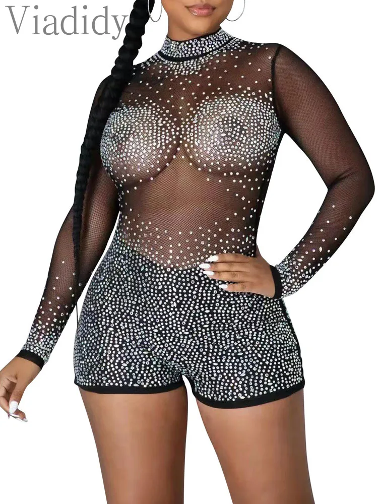 

Women Sexy Mock Neck Mesh Rhinestone Long Sleeve Skinny Romper