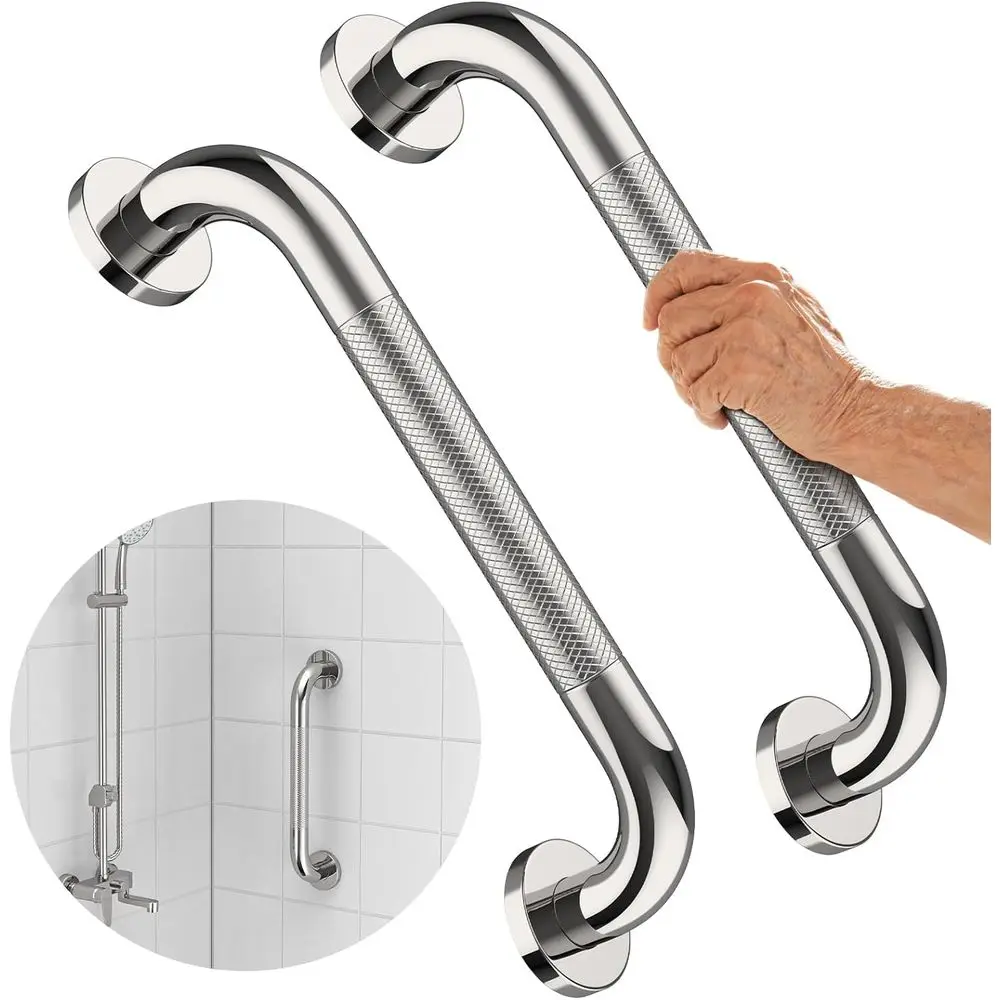 12 Inch Stainless Steel Non-Slip Shower Grab Bar with Knurled Grip for Bathroom Safety and Support