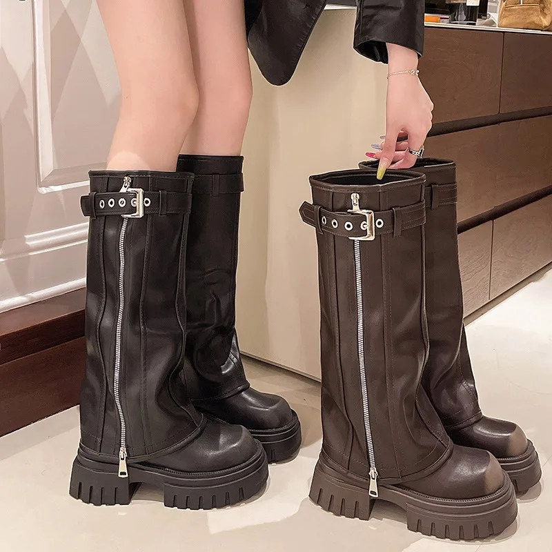 

Winter Women Biker Boots Fashion Belt Buckle Ladies Elegant Platform Long Pipe Booties Casual Women's Knee High Booties