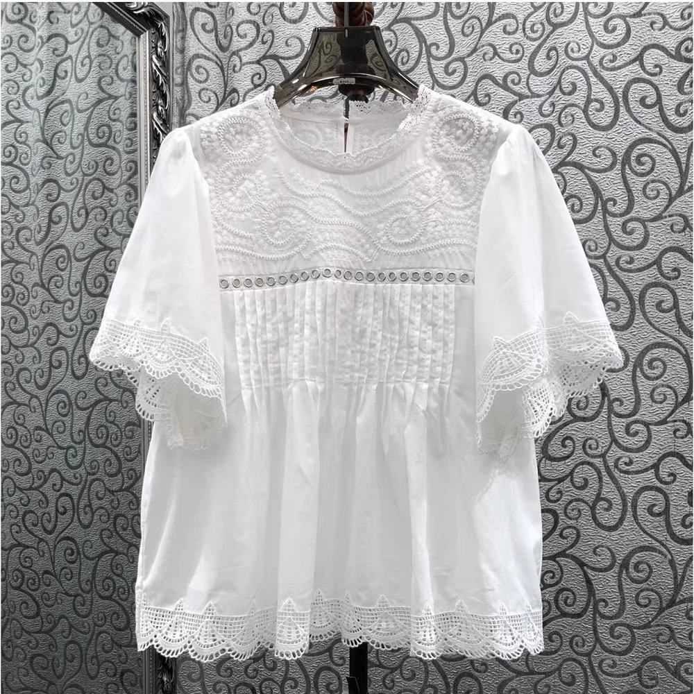 

New 2026 Summer Fashion Designer Blouses Women Lace Embroidery Patchwork Short Sleeve Casual Cotton White Black Tops Female