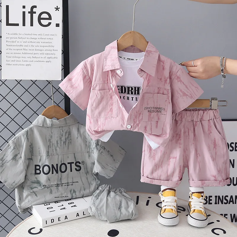Summer Baby Boy 3PCS Casual Streetwear Outfit Tie-Dye Print Short Sleeve Shirt & Letter Tee with Shorts Set for Kids Daily Wear