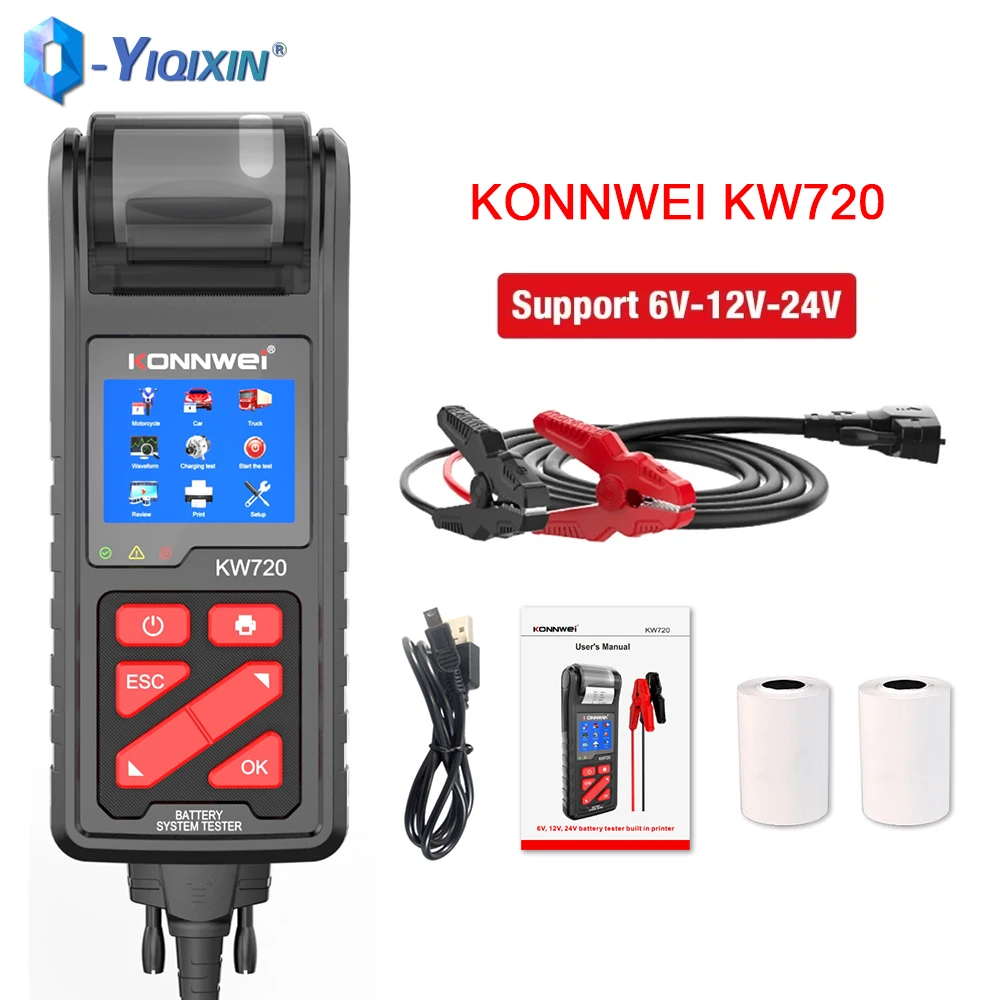 

KONNWEI KW720 тестер батареи, анализатор, встроенный термопринтер, мотоцикл, автомобиль, грузовик, 6 В/12 В/24 В, зарядка, тест-сканирующий инструмент