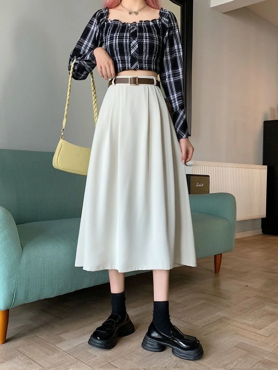 

Gray A-Line Long Skirt Wide Hem Commuter Korean Style High Waist Polyester Fiber Spring Summer New Style Cover Hip Half Body ...