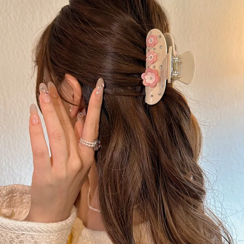 1 шт., заколка для волос среднего размера с милыми стразами и цветами из ацетата, темпераментный и универсальный головной убор