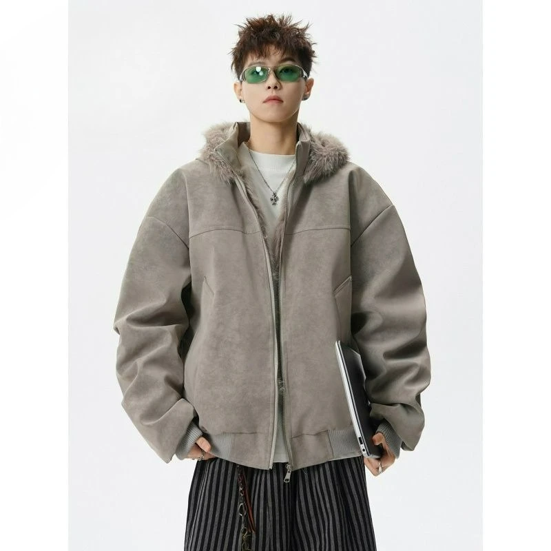 

2026 осень-зима, теплая хлопковая куртка на молнии в американском стиле с капюшоном, хлопковая верхняя одежда кофейного цвета с меховым воротником для мужчин