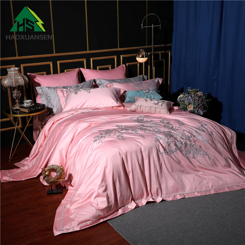 

Rosa Multiflora Bedding Sets Embroidery Pink Cotton Fabric 4/7 Pieces Bedspread Bed Sheets Pillowcase Duvet Cover Cushion Cover