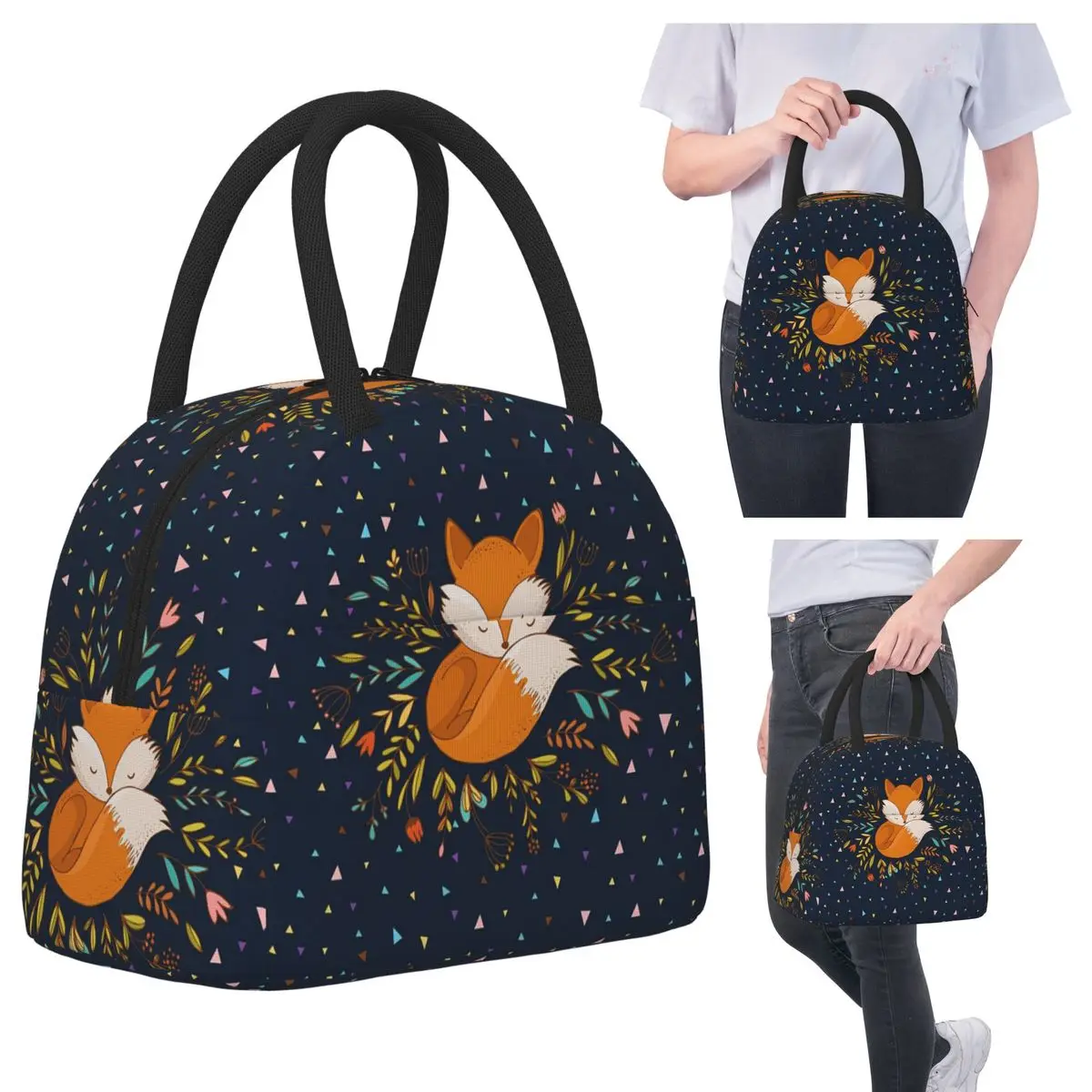 

Cute Fox Flowers And Triangles Insulated Lunch Bag for Kids School Cooler Thermal Food Box Tote Portable Lunch Boxes Container