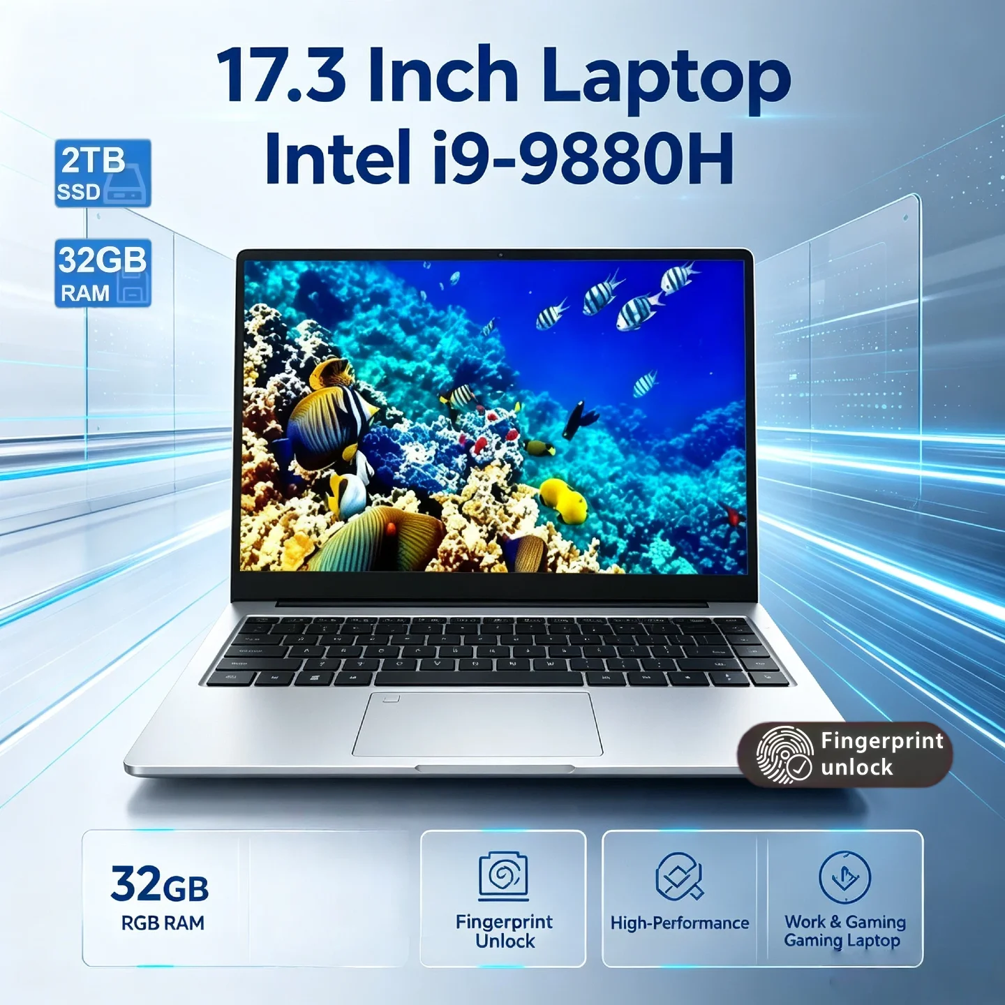 Intel Core i9 9880H Work Gaming Laptop 32GB RAM 2TB SSD 17.3 Inch Full Size Fingerprint Unlock High Performance Pro