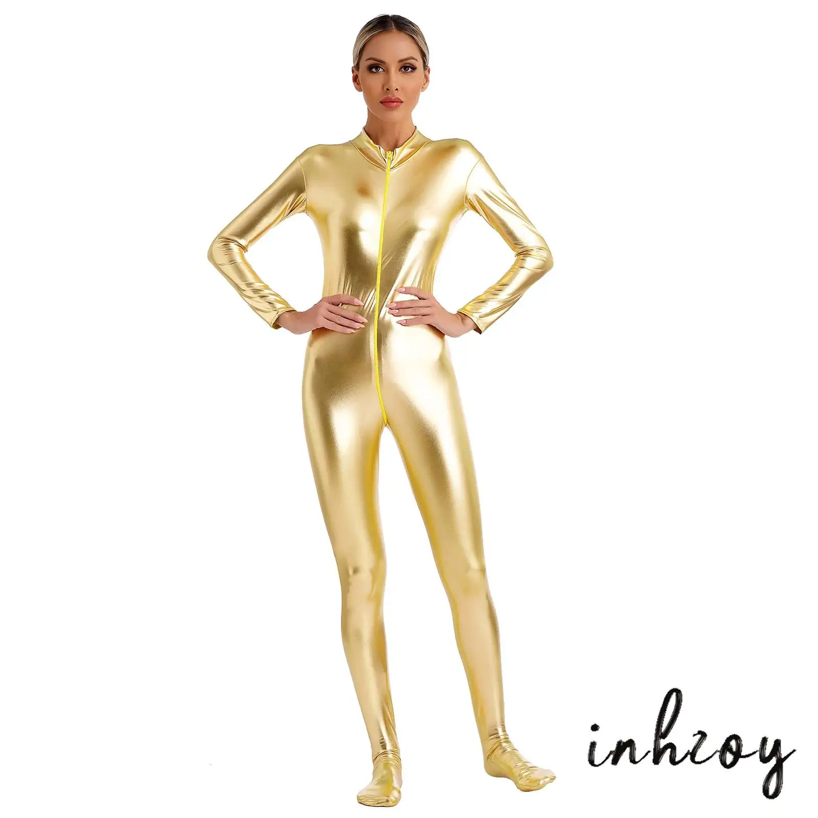 

Women's Metallic Shiny Zentai Jazz Jumpsuit Mock Neck Long Sleeve Front Zipper Full Body Unitard Tights for Rock Music Festival