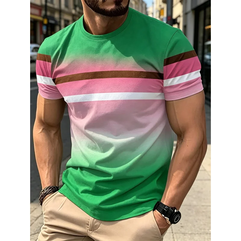 Summer Men's Gradient Striped Short Sleeve T Shirt Green Pink Breathable Comfortable Casual Daily Wear Commuting Tops