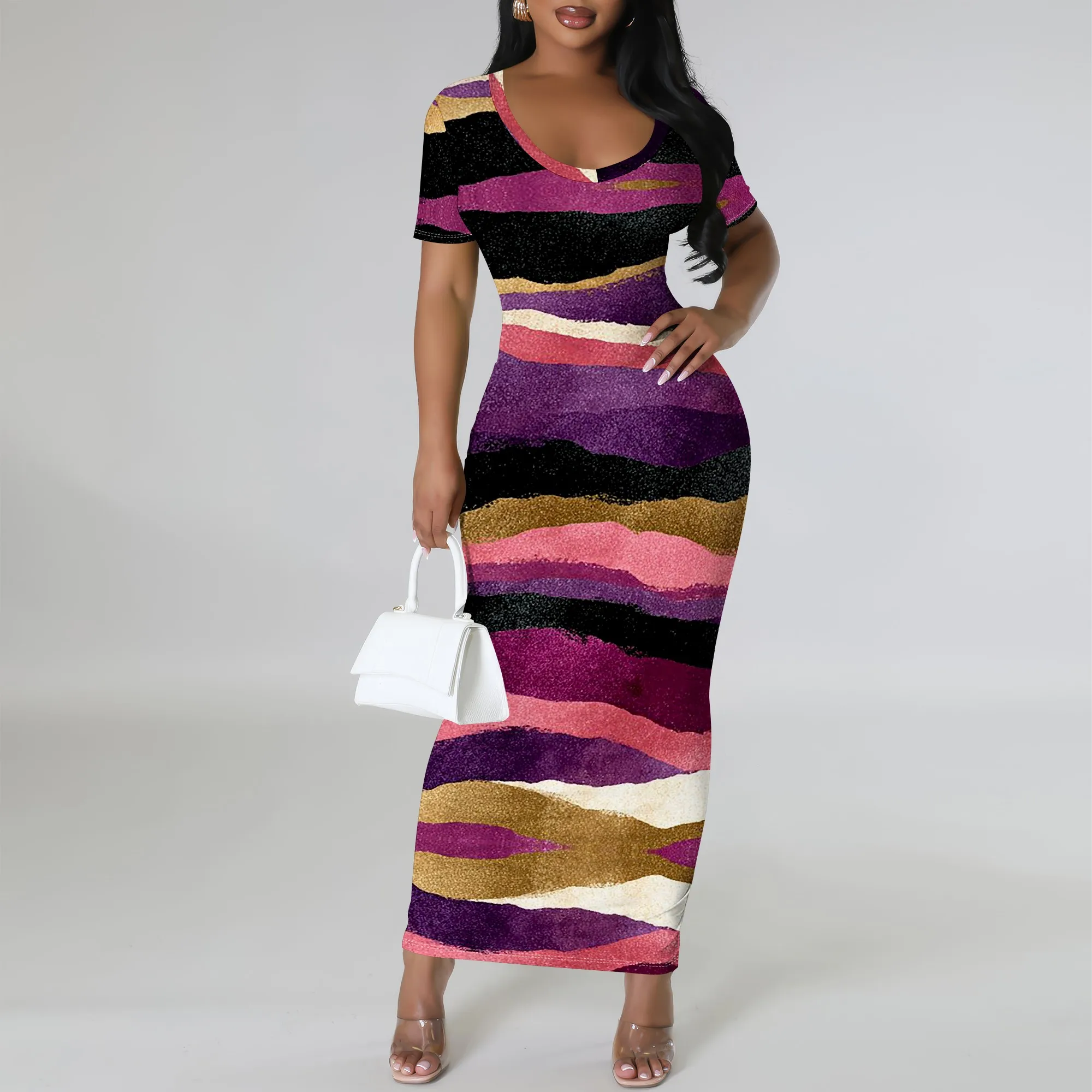

Women's Abstract Print Maxi Dress Short Sleeve V-Neck Bodycon Dress for Casual Party Vacation Wear XS-3XL