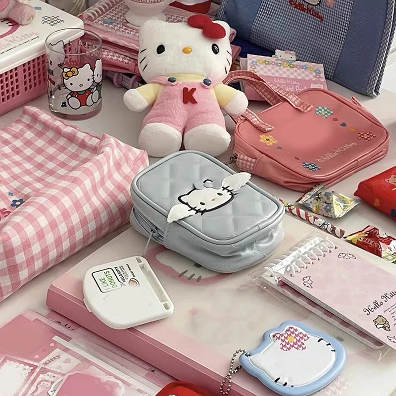 Kawaii Hello Kitty Opbergtas Anime Sanrios Kt Cat Pu Munt Portemonnee Lief Meisje Ccd Camera Tas Draagbare Lippenstift Wisselzak