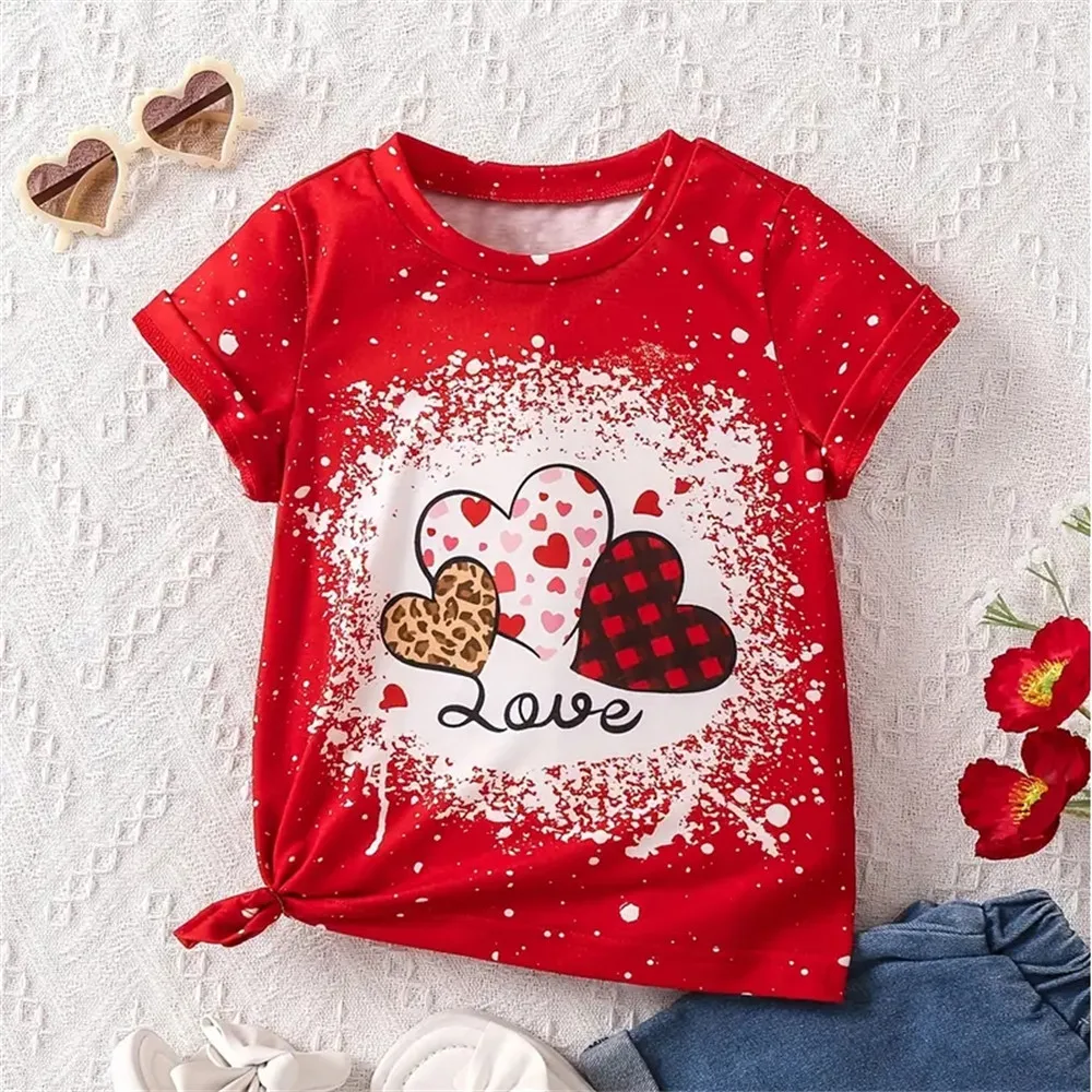 Tops for Children Summer Heart Pattern T Shirt Girl Kids Clothes 3D Print Tee Shirts Korean Kawaii T-Shirts from 6-12 Years Tops