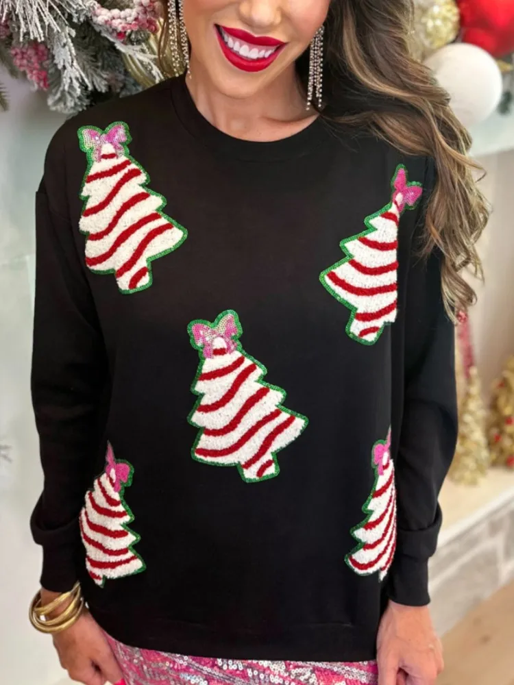 Kersttrui met lange mouwen, kerstboompatroon, pailletten, Harajuku streetwear, herfst, nieuwe collectie, dames kerstsweater