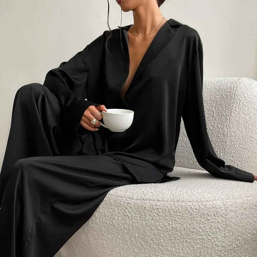 Women Satin Silk Pajamas Set Low Cut Single-breasted Long Sleeve Wide Leg Pants Oversized Sleepwear