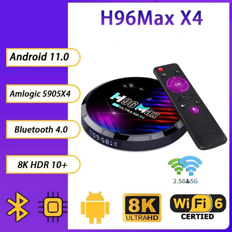 

H96Max X4 TV Box Android 11 Amlogic S905X4 2.4/5G Dual Wifi 1000M/LAN BT4.0 8K Infrared Remote Media Player X4 Smart Set Top Box