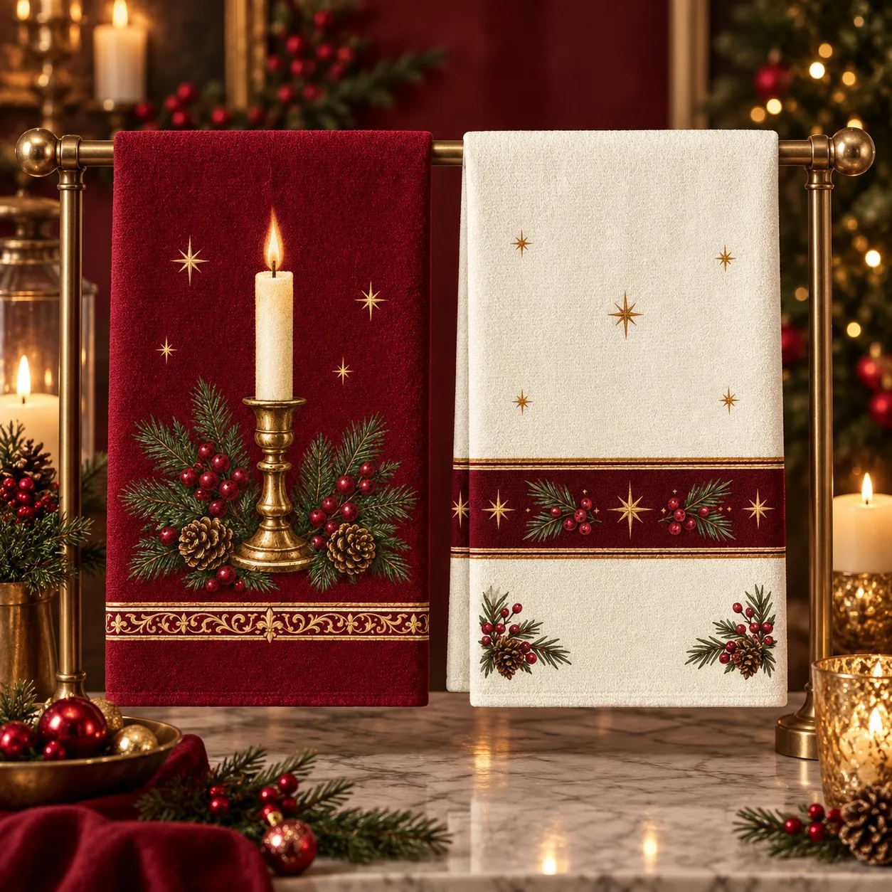 2-Pack Christmas Kitchen Towels, Wine Red Background with Candlestick and Candle Design + Off-White Background with Horizontal Stripes and Pine Cones and Berries Design, Vintage European Christmas Style, Polyester Mate