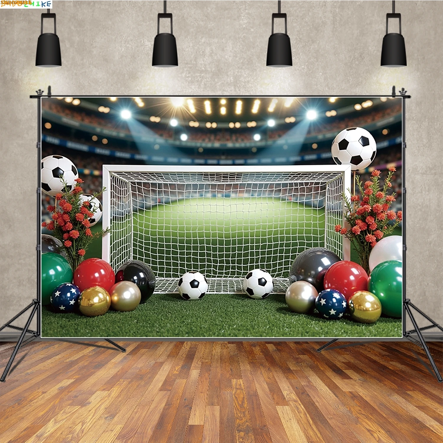 

Green Football Field Boy Birthday Photography Backdrop Balloon Soccer Game Children Portrait Baby Shower Background