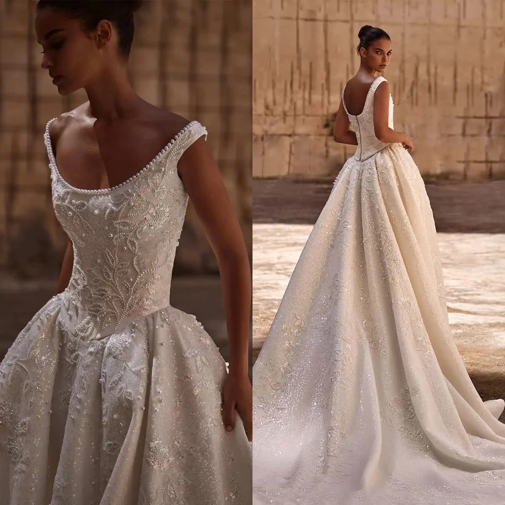 Elegant Wedding Dresses Pearls Bridal A Line Gowns Appliques Sequins Sleeveless Princess Backless Customized Vestidos De Novia