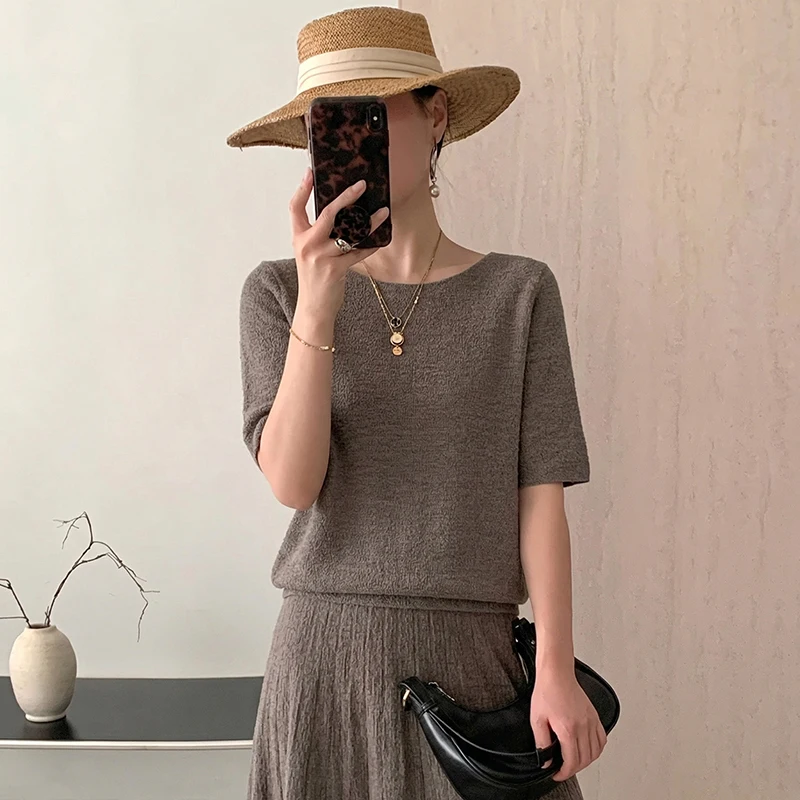 

Женские пуловеры с круглым вырезом и коротким рукавом, весна-лето, 100% мериносовая шерсть, трикотаж, тонкопряденая, машинная стирка, шерстяная футболка