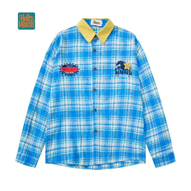 HELLOMARCEL EU US Size Luxury Quality Casual Shirt Street Wear Retro Embroidery Long Sleeve Oversize Plaid Shirt For Men Women