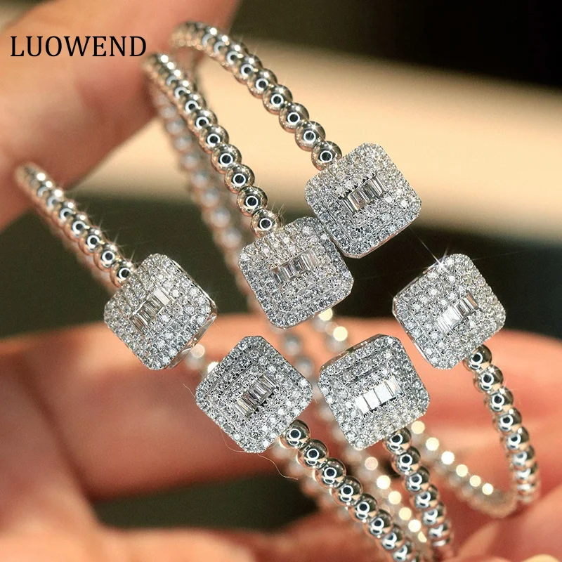 

LUOWEND 100% 18K White Gold Bangle Luxury Square Shape Real Natural Diamond Bangle for Women Wedding High Party Jewelry