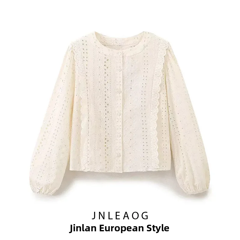 

JNLEAOG Summer New Women's Fashion Design Hollow out Embroidery Shirt Polyester Long Sleeve round Neck Regular Fit Polyester ...