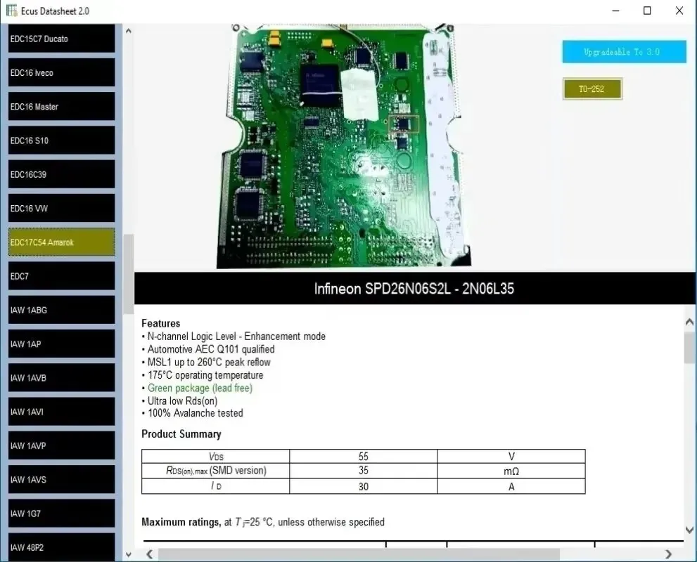 Software de reparación ECU, hoja de datos Ecus 2,0, diagramma PCB con componentes electrónicos de ECU e información adicional par