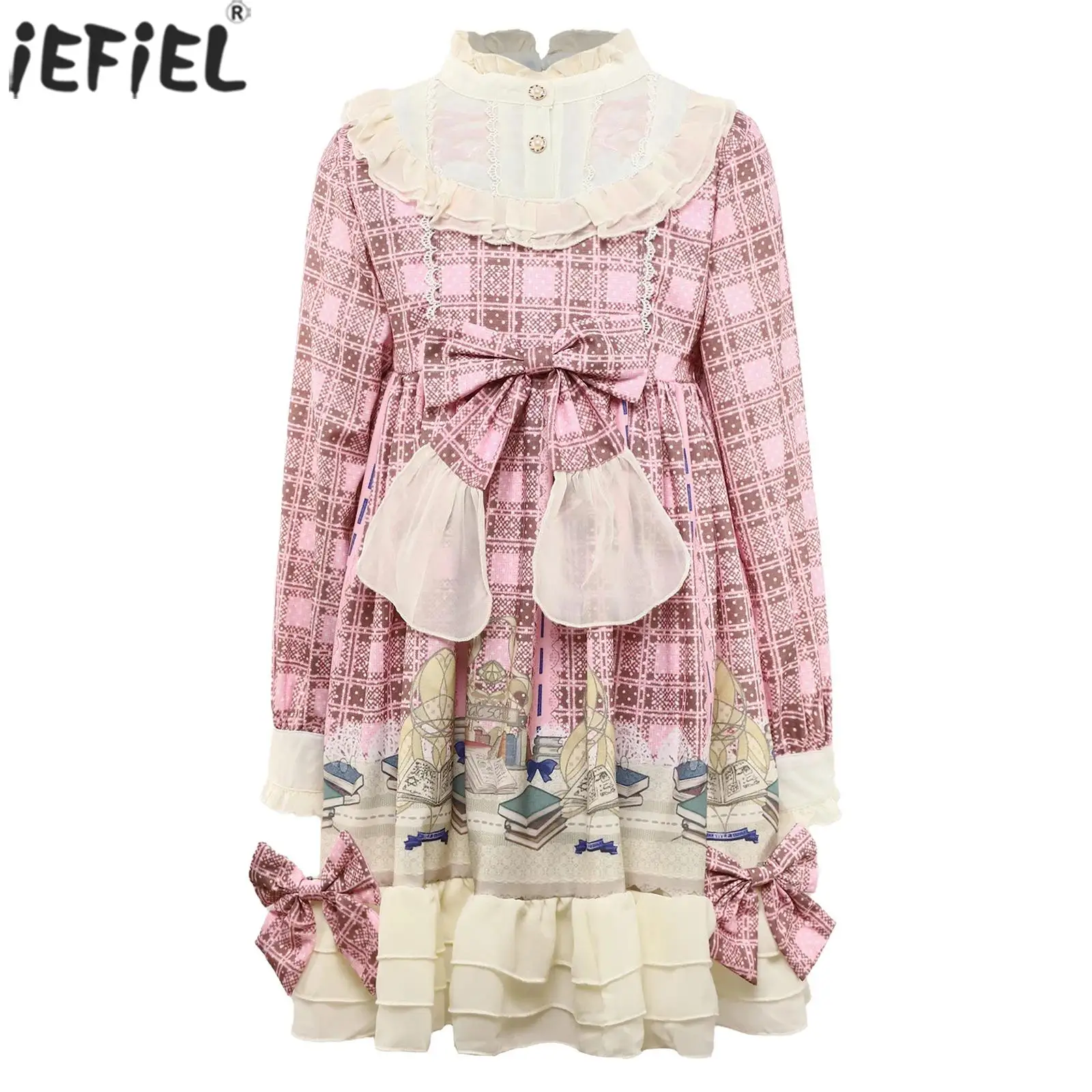 Teen Girls Lolita Kawaii Princess Dress Cute Plaid Long Sleeve Bow Ruffled Gothic Dresses Halloween Themed Party Cosplay Costume