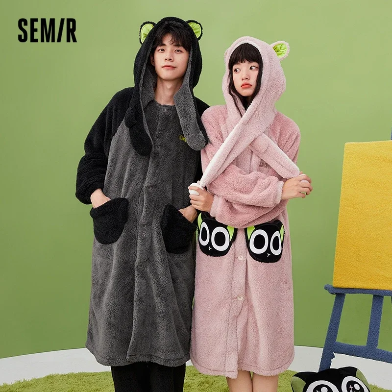 

Semir Homewear Women Double-Sided Velvet Hooded Pajamas Women'S Winter Couple'S Medium Length Outerwear Home Clothes