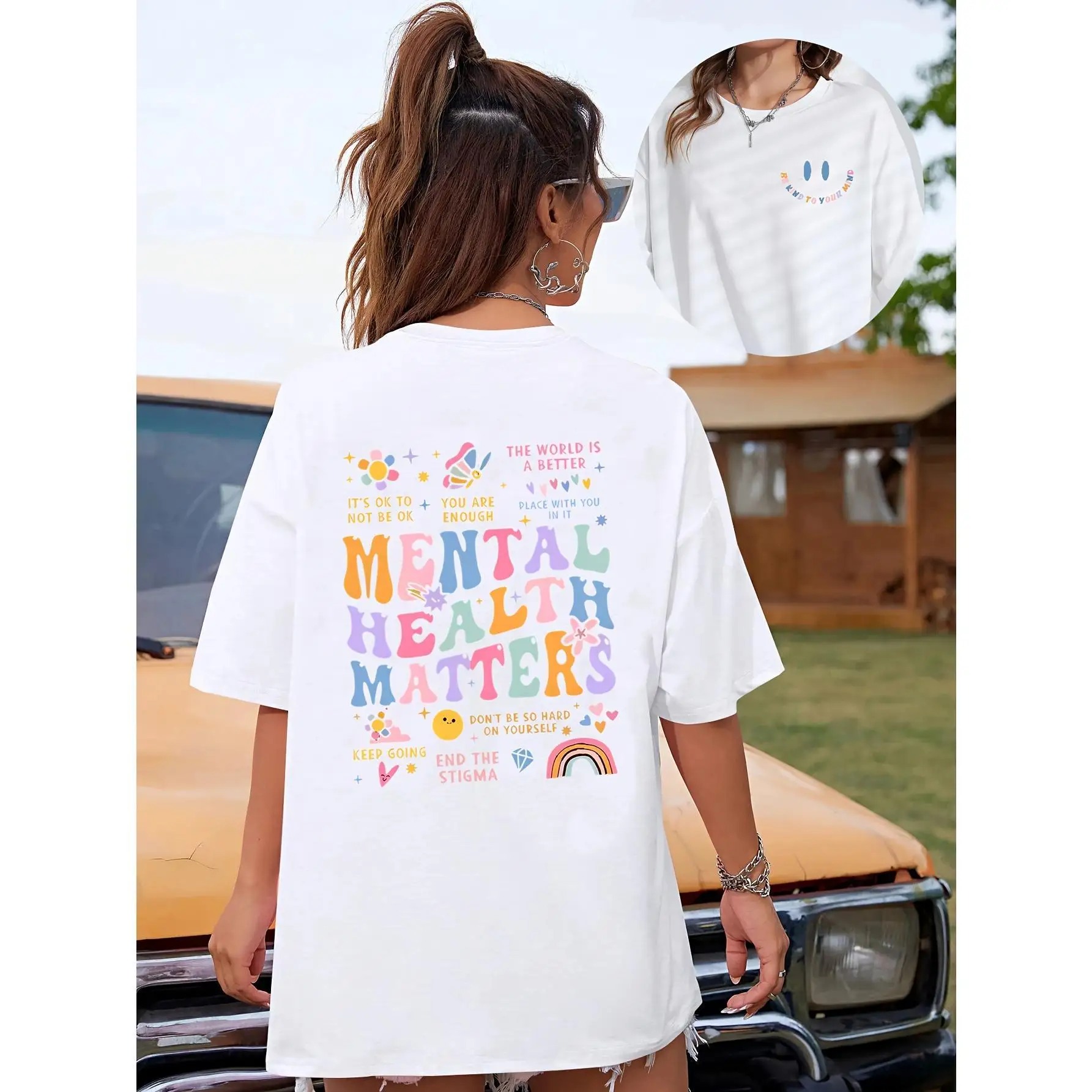 

Vintage Cotton "Mental Health Matters" T-Shirt Oversized Women's Aesthetic Graphic Tee Slogan Top Mental Health Awareness Gift